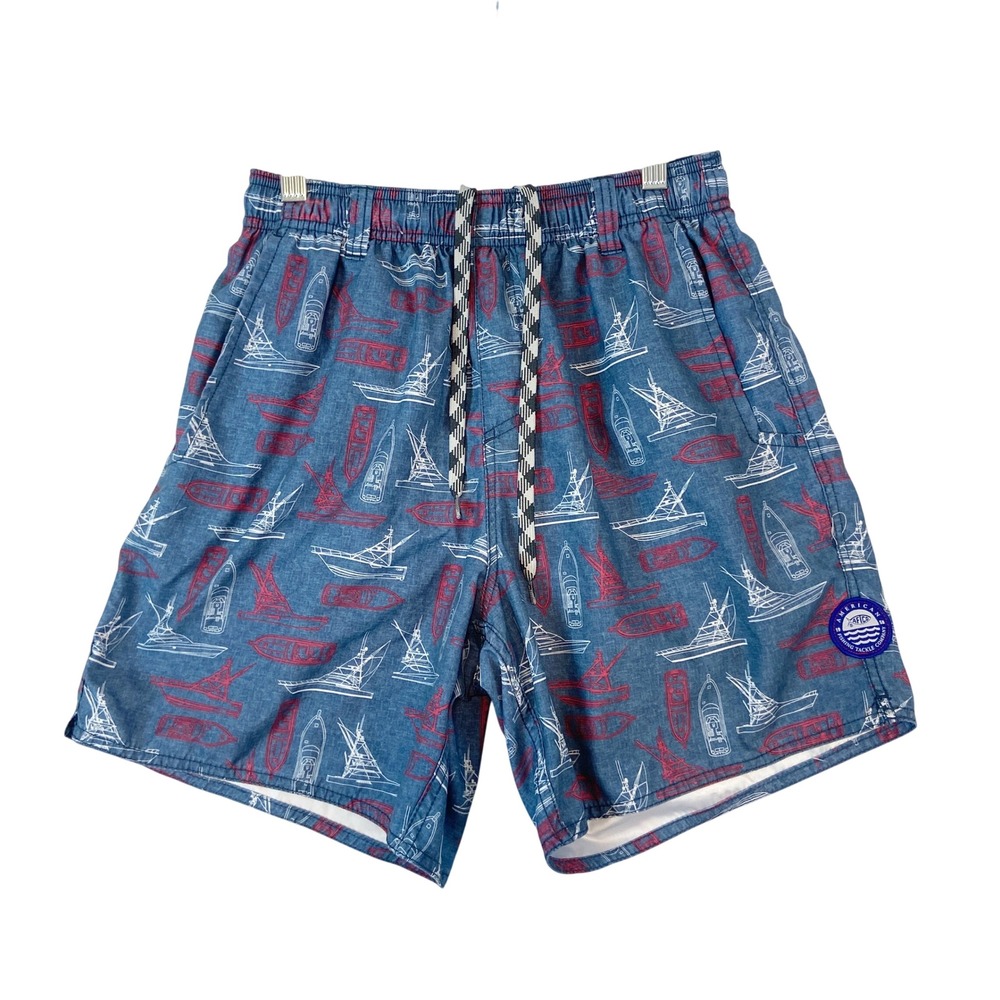 AFTCO Men‎ S Boatbar Swim Trunks Blue Red Sailboat Nautical Quick Dry UPF 50